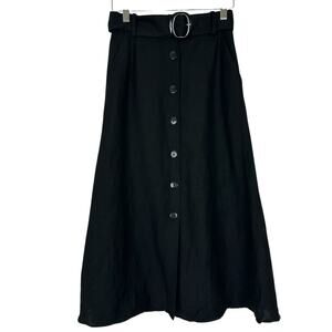Other Stories Skirt Women 0 Black Linen Blend Midi Button Front Belted A-Line